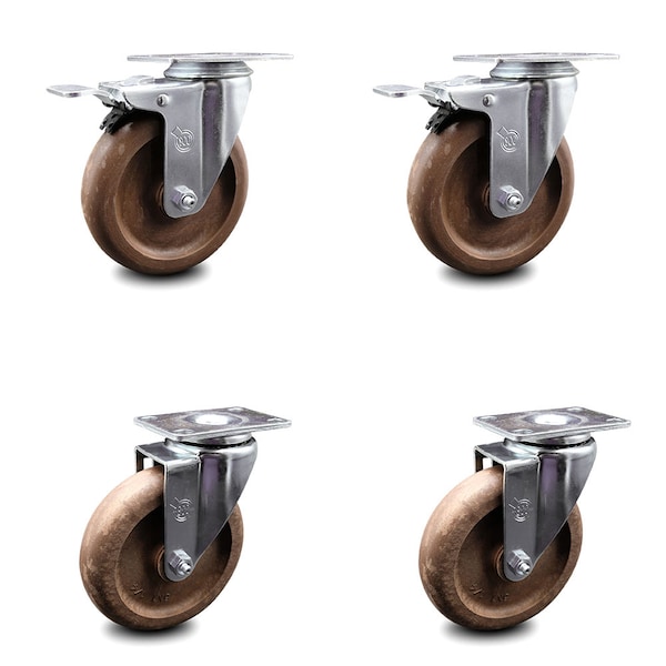 5 Inch High Temp Glass Filled Nylon Top Plate Caster Total Lock Brakes SCC, 2PK